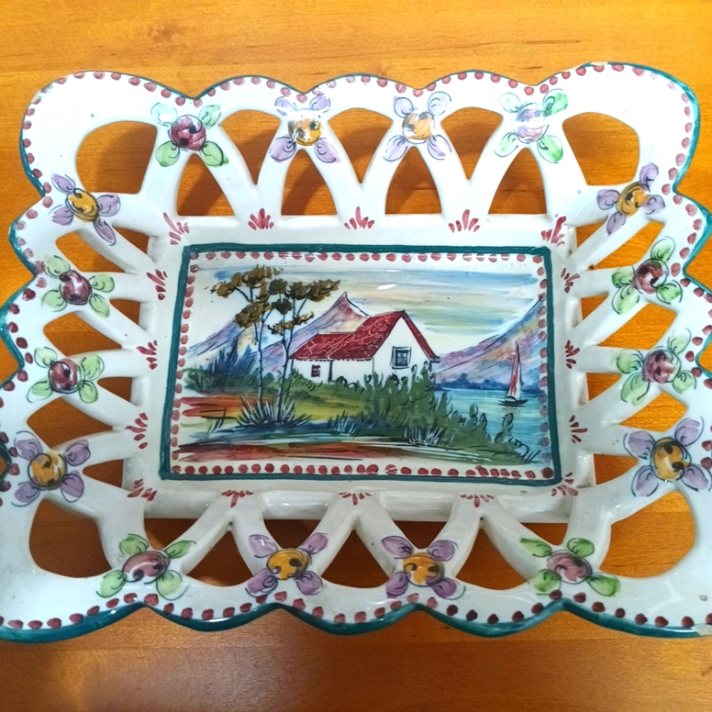 Vintage ALCOBACA EPL #435 Made In Portugal  Pedestal Dish~Floral~Hand Painted